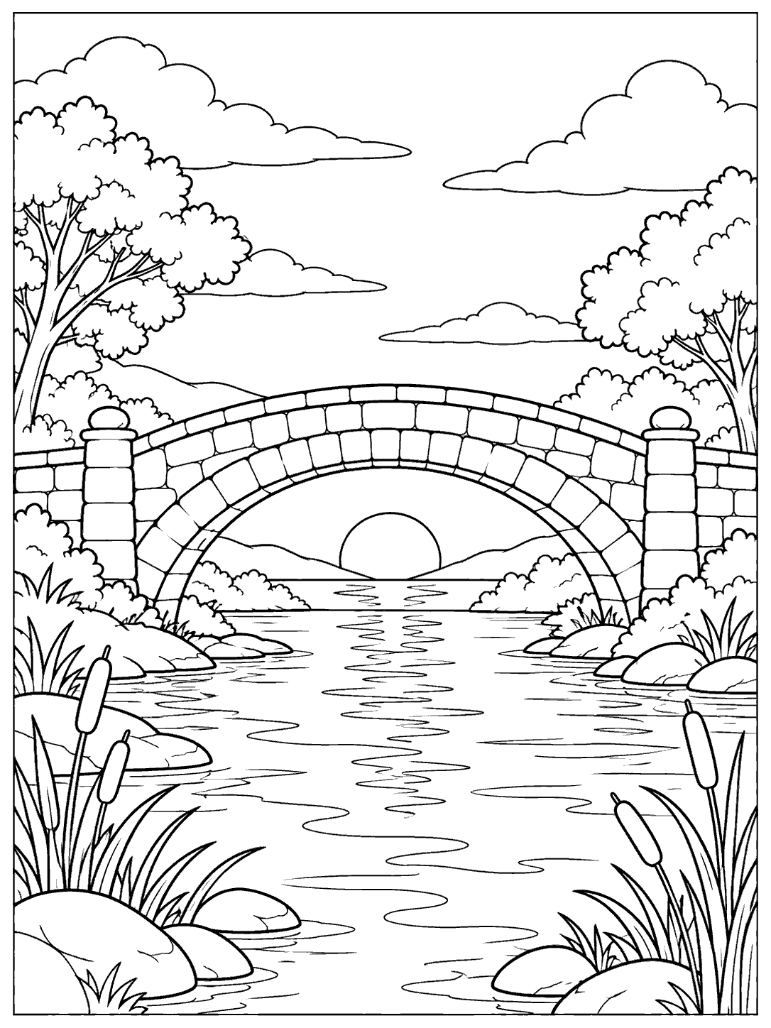 Arched stone bridge over a river reflecting the setting sun, framed by trees and reeds
