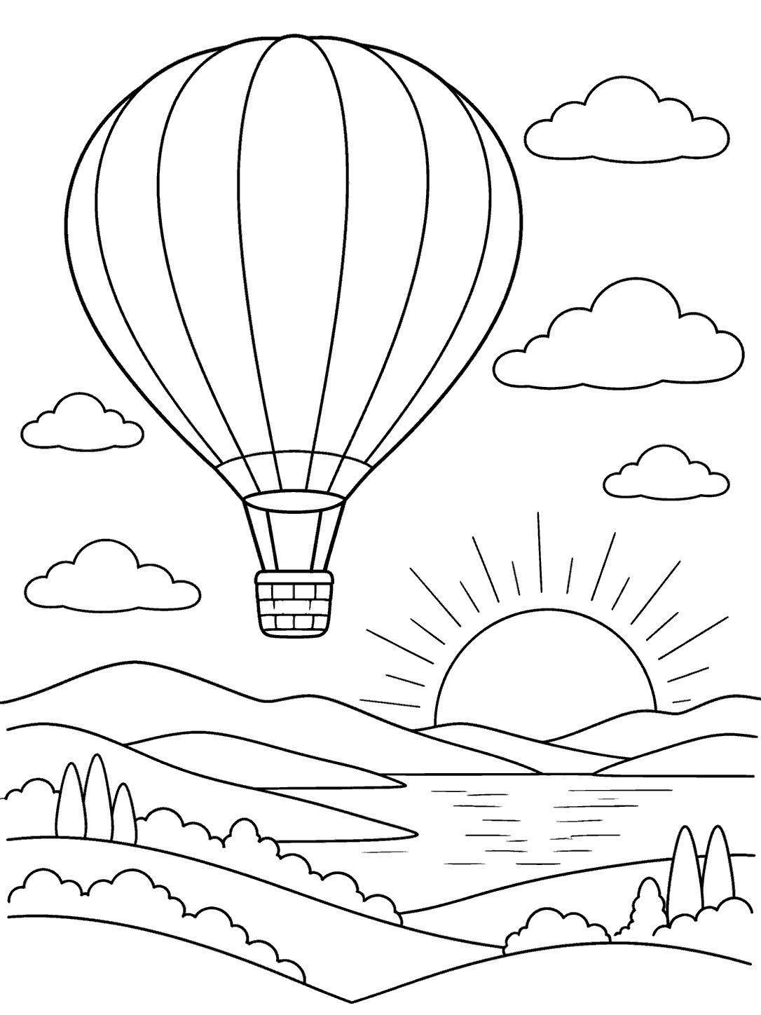 Large panelled hot air balloon floating among clouds above layered hills, a lake, and a setting sun.