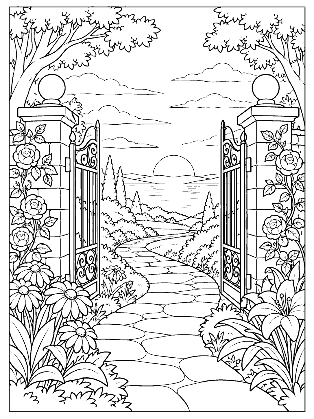 A stone garden path winding through an open decorative gate toward a setting sun, framed by flowers and leafy plants.