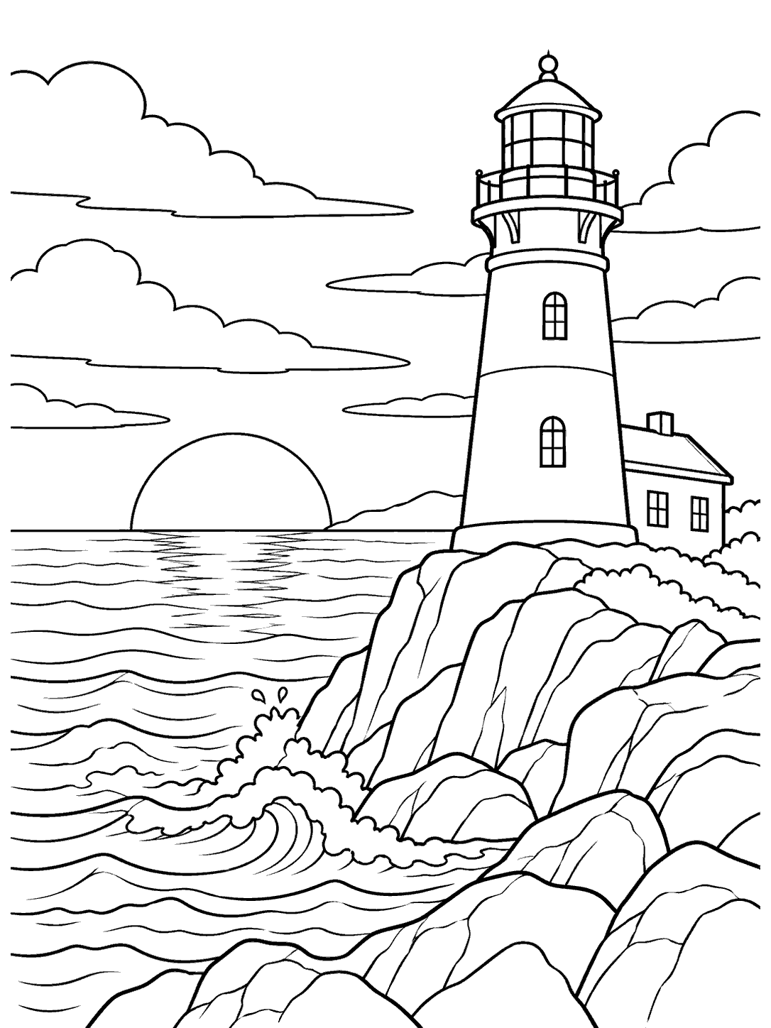 Black-and-white coloring page of a lighthouse on a rocky point beside a setting sun, waves, and coastal clouds.