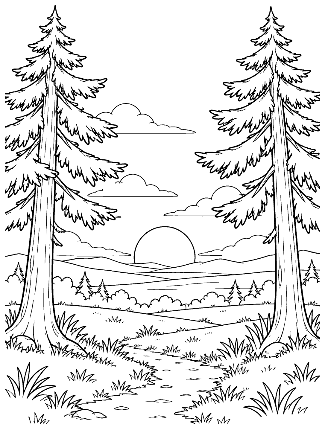 Black line art of a meadow sunset framed by two tall evergreen trees, with grass tufts and a winding path.