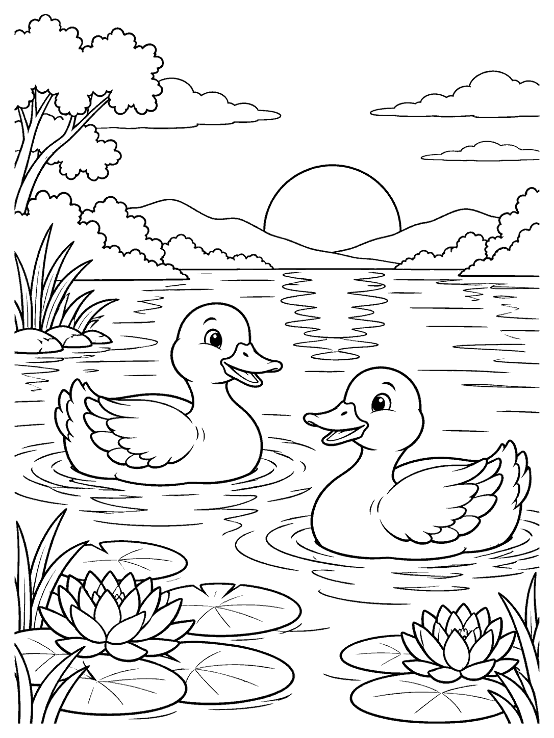 Two ducks on a pond with a setting sun, its reflection, and water lilies near the edges.