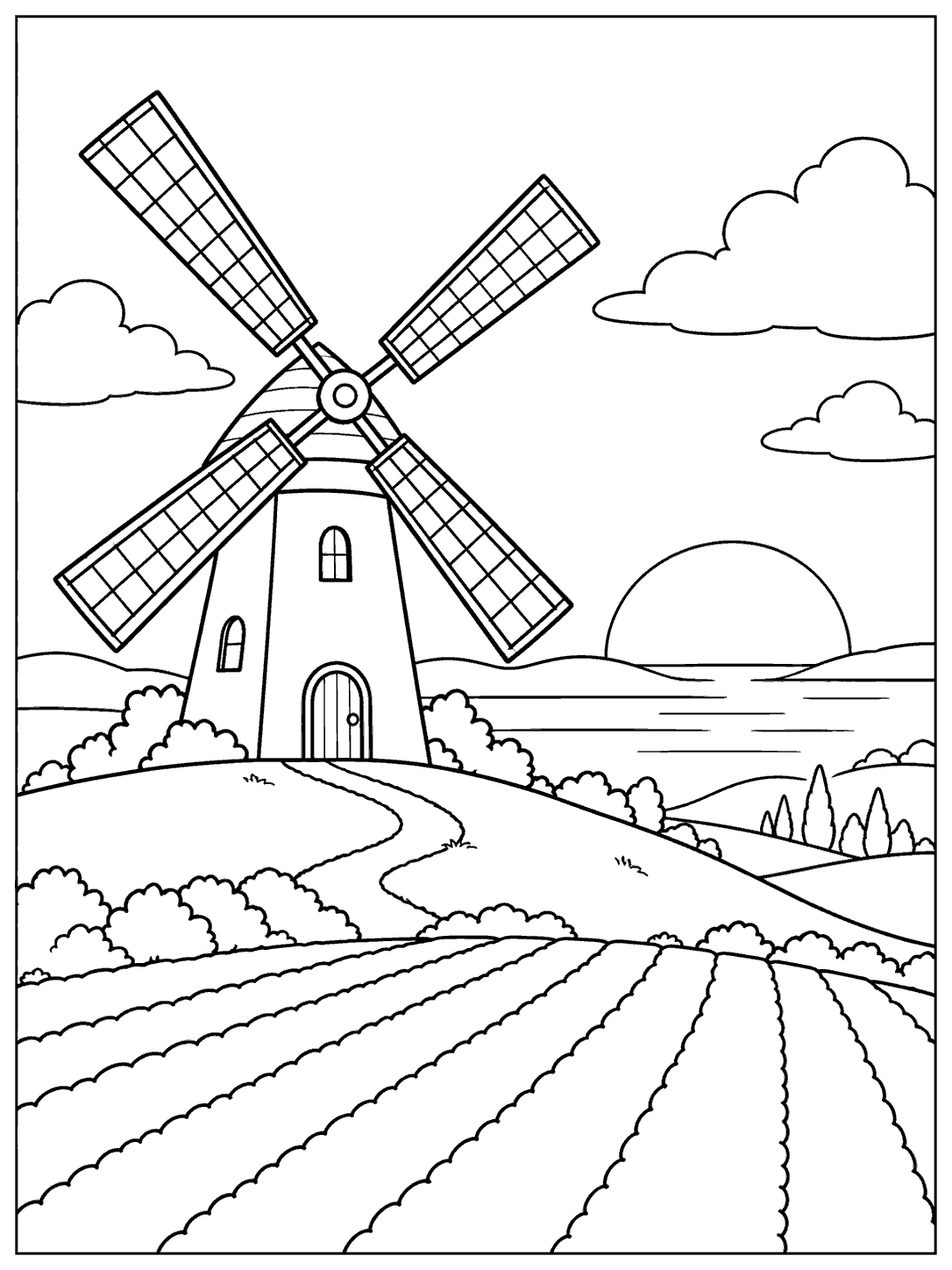 Four-blade windmill on a hill above fields, with the setting sun and clouds