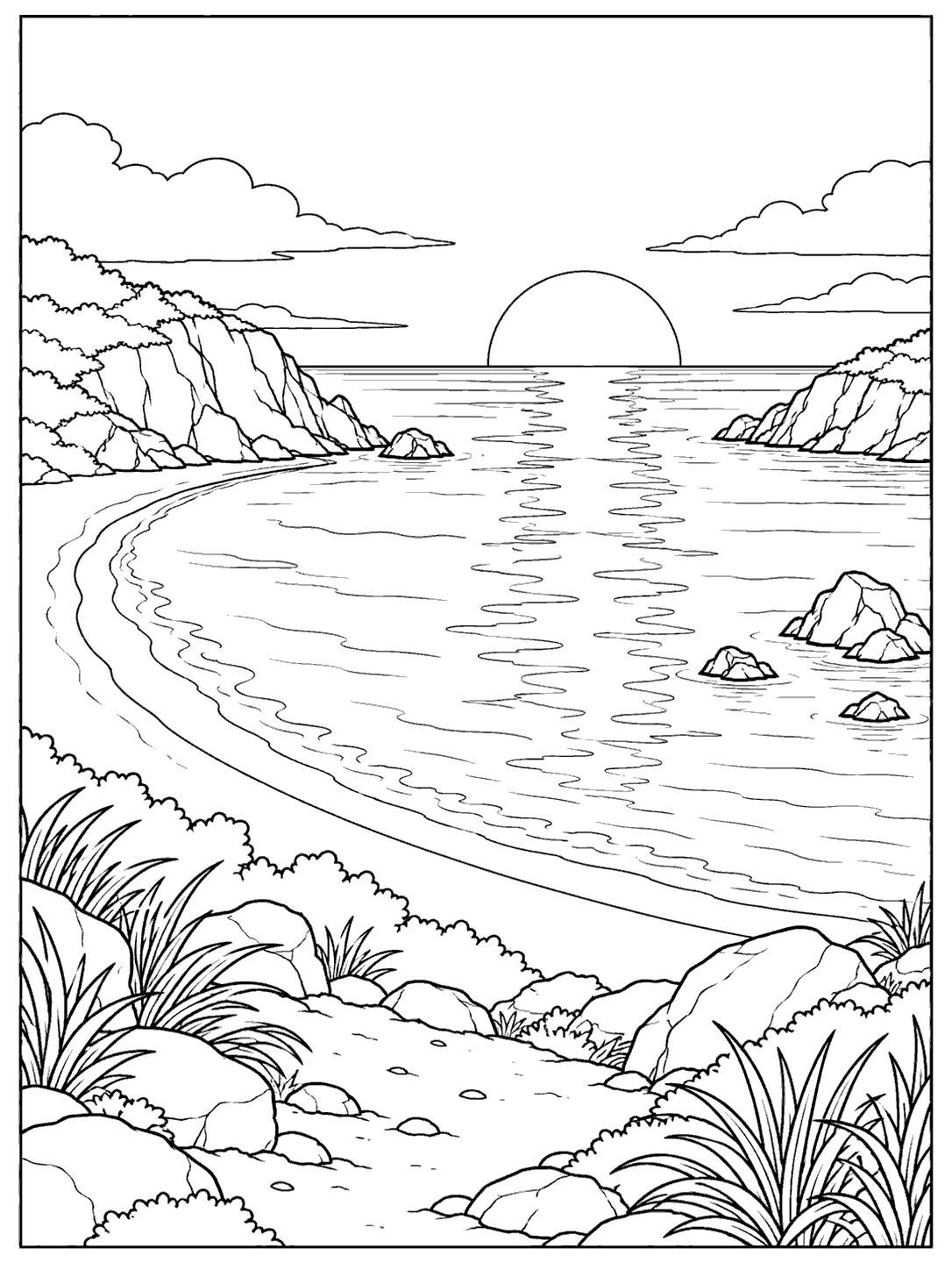 Crescent-shaped bay with rocky headlands, a setting sun, and its reflection across the water.
