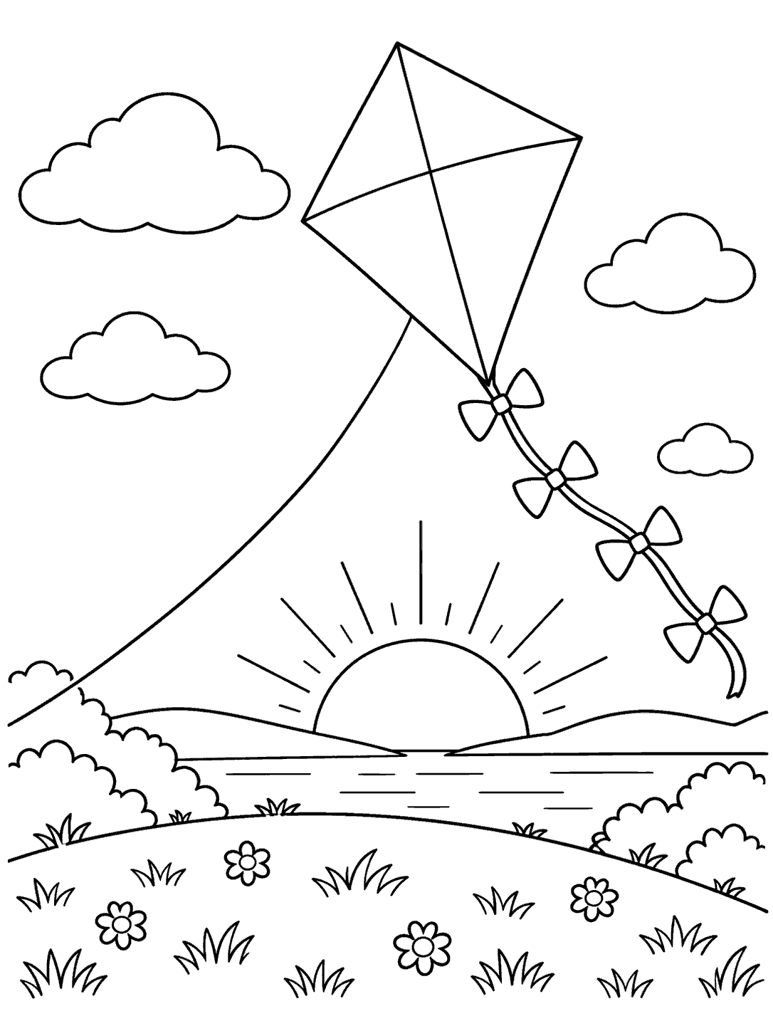 A large diamond kite with a bow-tied tail floats above a flowered hill as the sun sets, with clouds and a gently curved string.