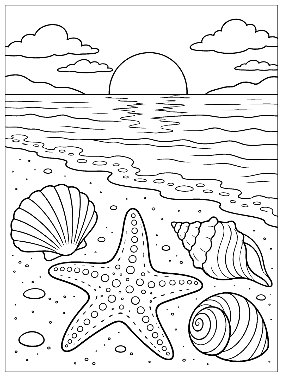 A large starfish and three different seashells on a sandy shore, with a setting sun over the water.