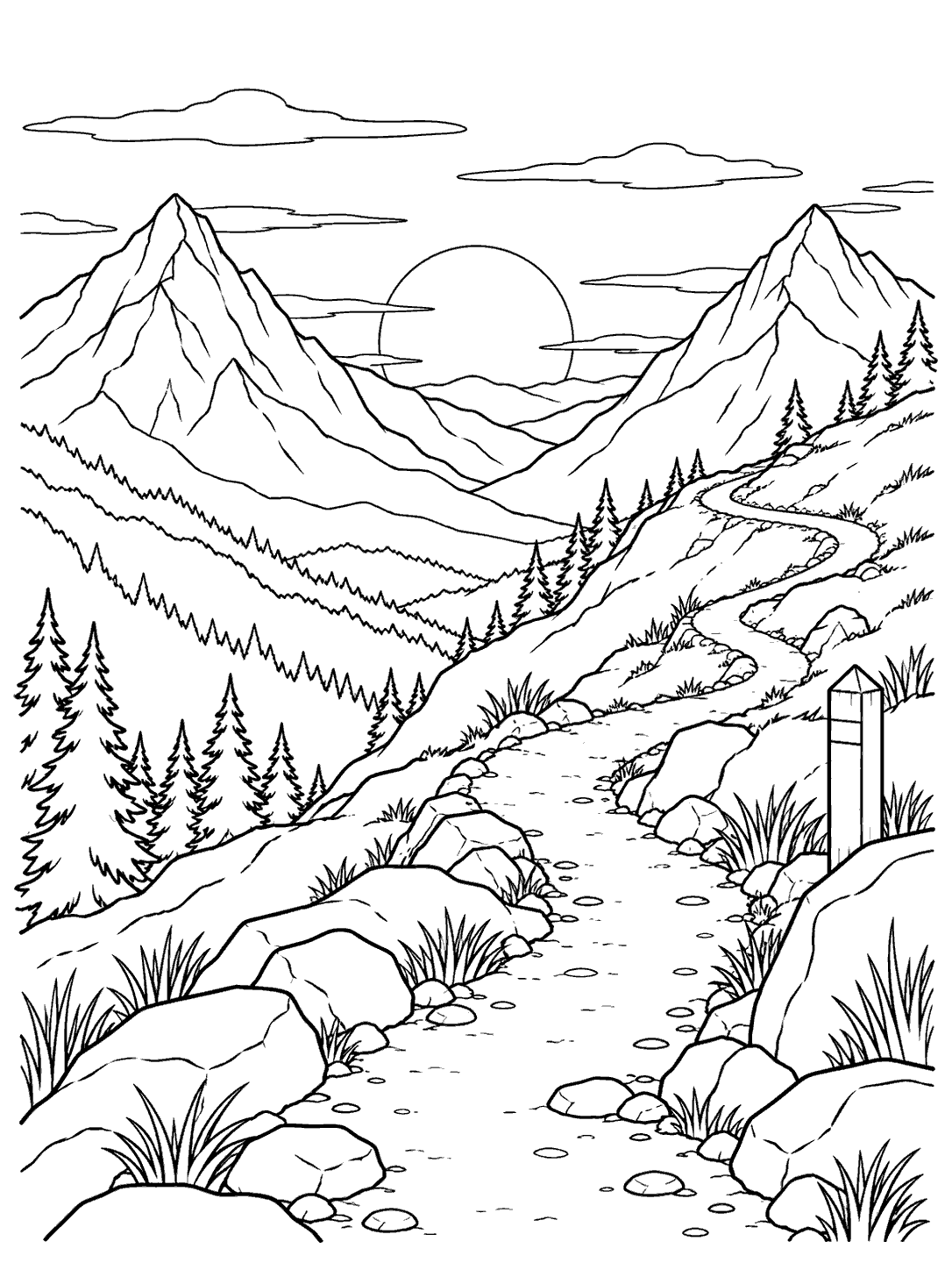 A winding mountain trail climbs through a rocky, grassy slope toward a setting sun between two peaks, with a trail marker nearby.
