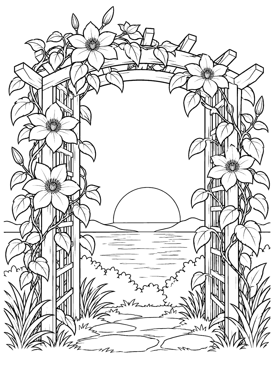 A flower-covered wooden trellis frames a setting sun, water, and a garden path.