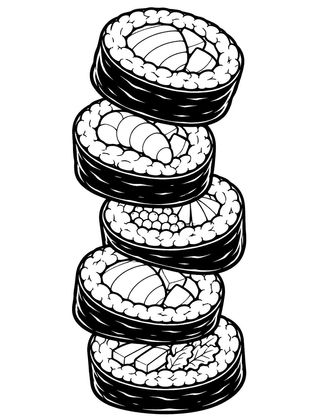 Five black-outline maki slices stacked vertically, with visible nori rings, rice, and varied fillings.