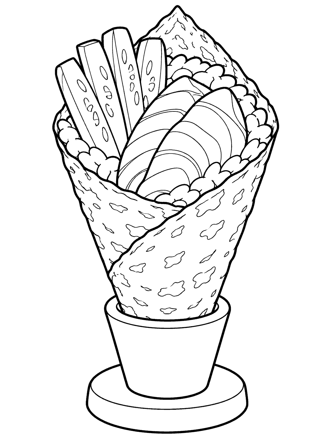 Black-outline coloring page of an upright temaki hand roll with visible fillings in a small holder.