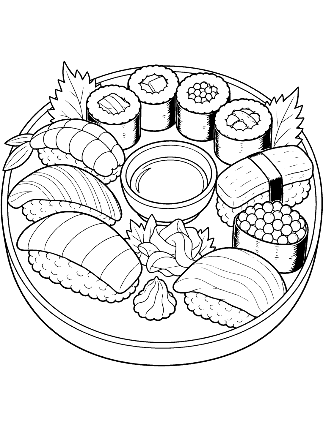 Black outline coloring page of a round platter with assorted nigiri, maki, garnish, and a central dipping dish.