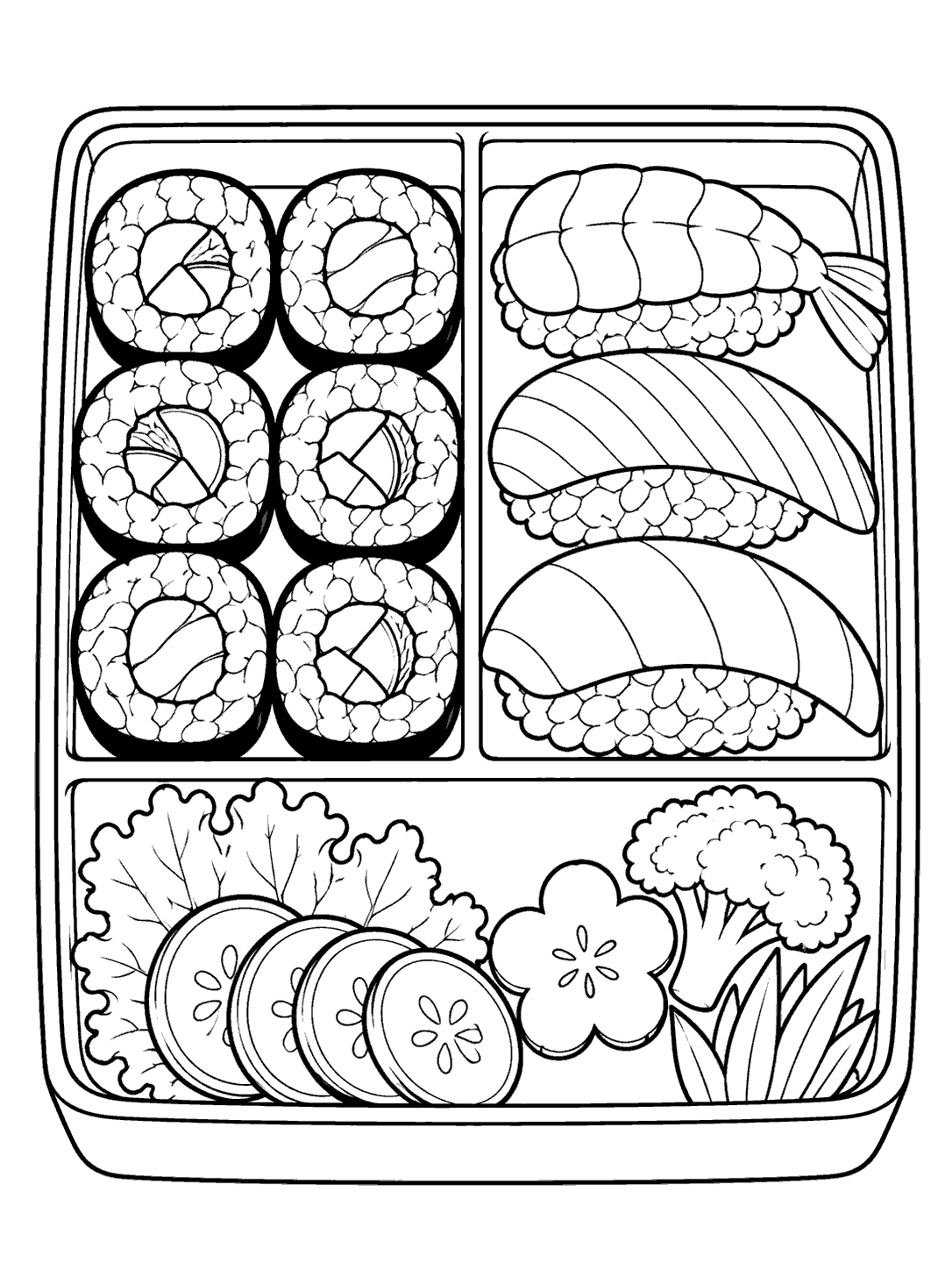 Overhead view of a divided bento box with maki rolls, nigiri, cucumber slices, leafy greens, and broccoli.