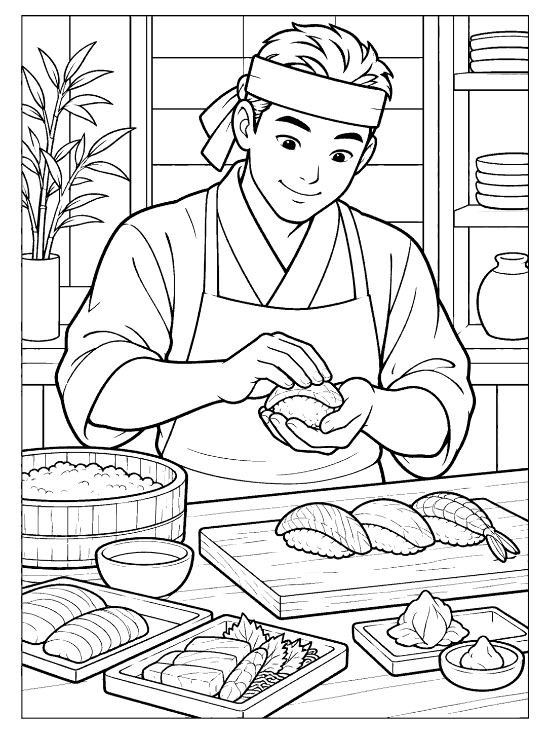Friendly sushi chef shaping nigiri at a counter with trays of sushi and simple kitchen details.