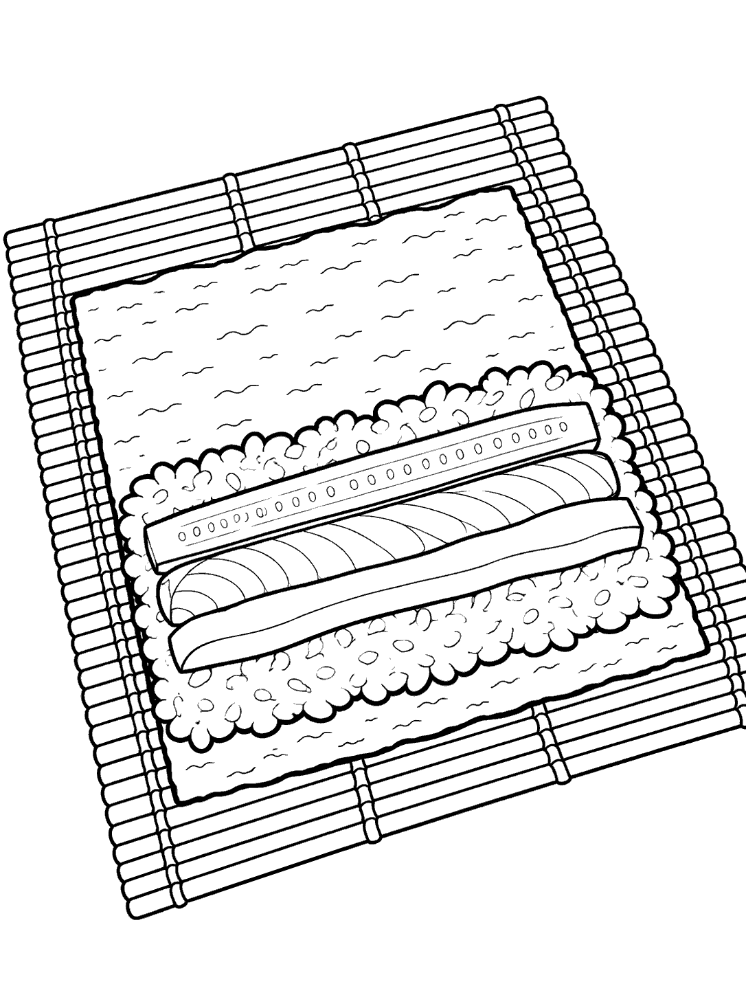 Diagonal bamboo sushi mat with a flat nori sheet, rice, and three filling strips