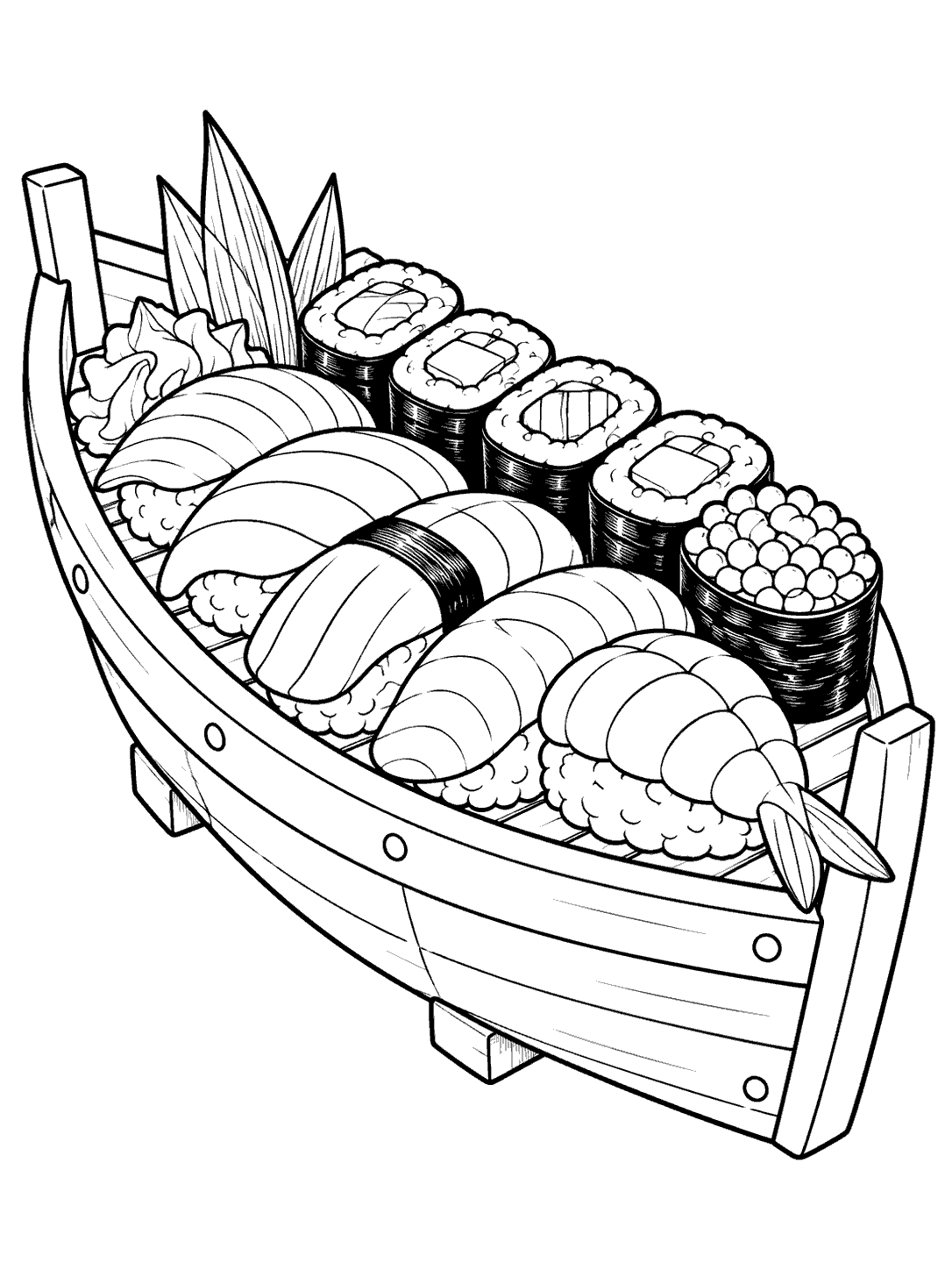 Black-outline coloring page of a wooden sushi boat loaded with nigiri, maki rolls, and roe.
