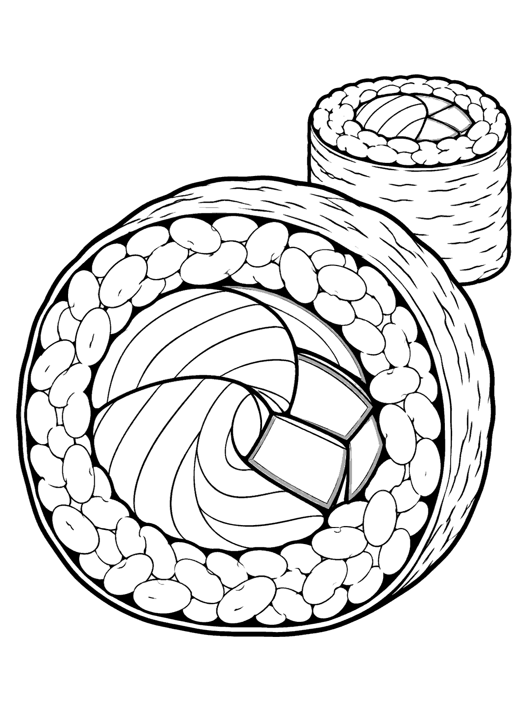 Oversized sushi roll cross-section with spiral fillings and a small uncut roll behind it