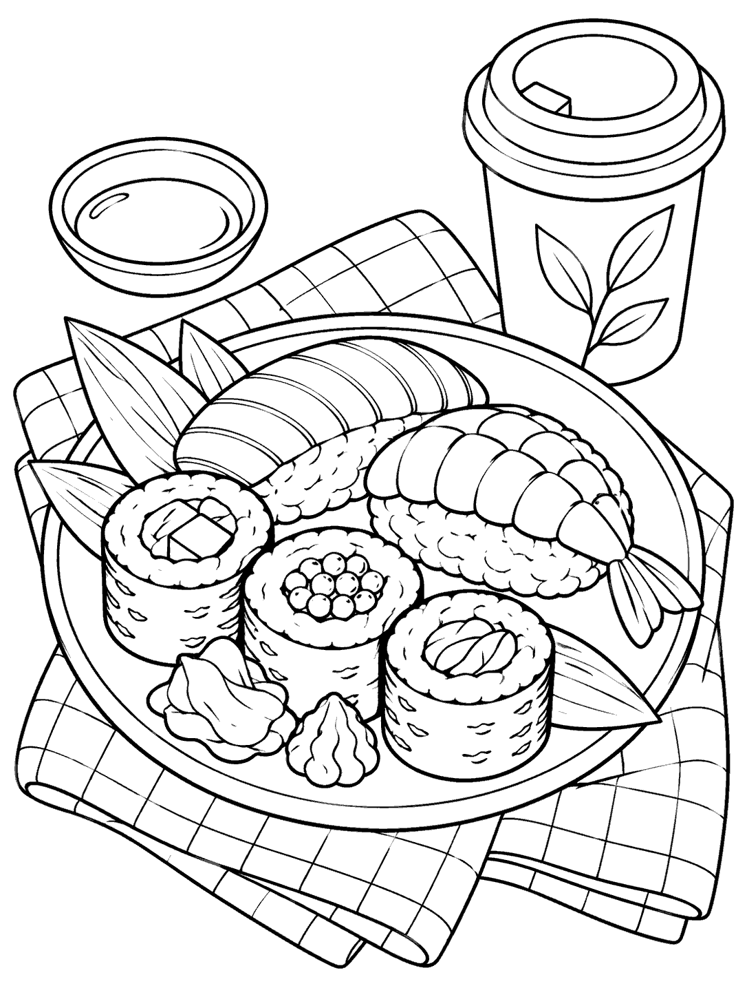 Assorted sushi on a plate atop a checked cloth, with a lidded drink cup and small dish, drawn in clean black outlines.