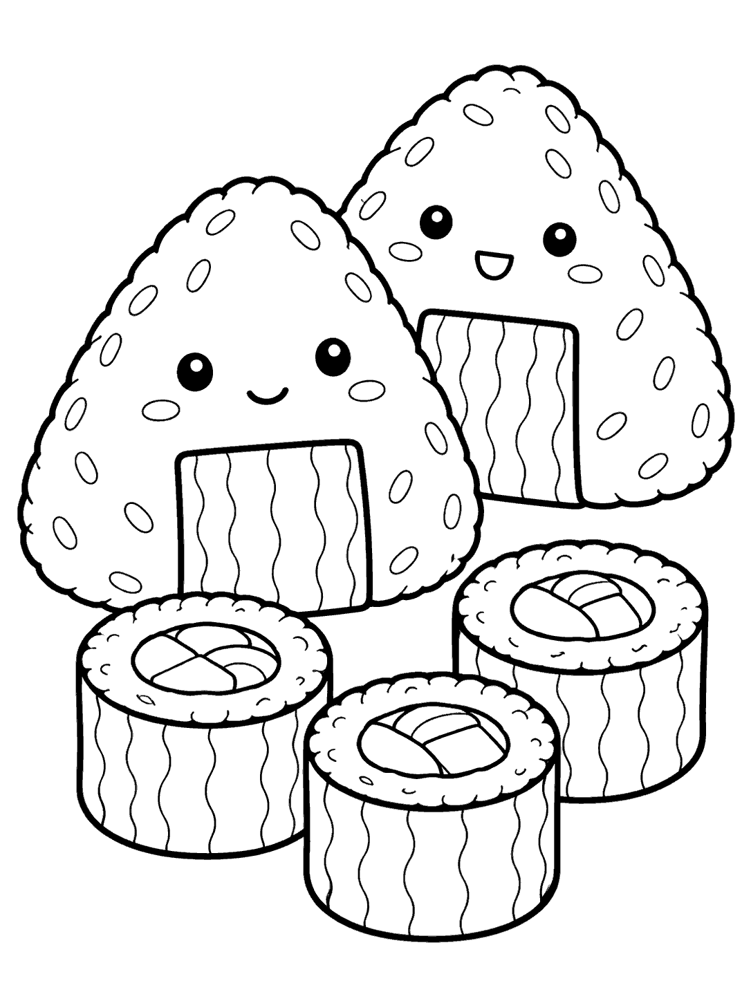Two smiling triangular onigiri with nori bands beside three maki slices