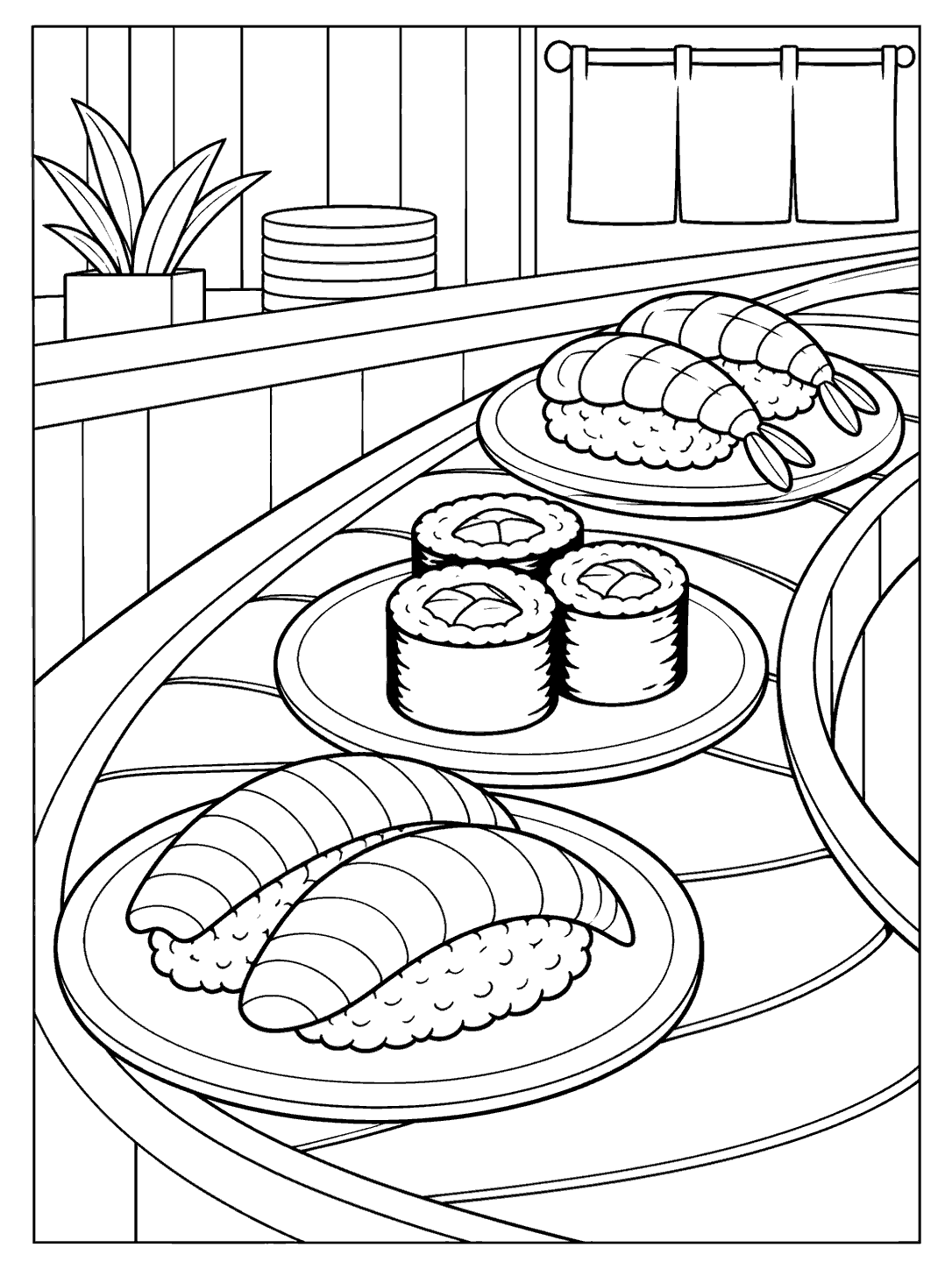 Three plates of nigiri and maki on a curved sushi conveyor belt in a restaurant