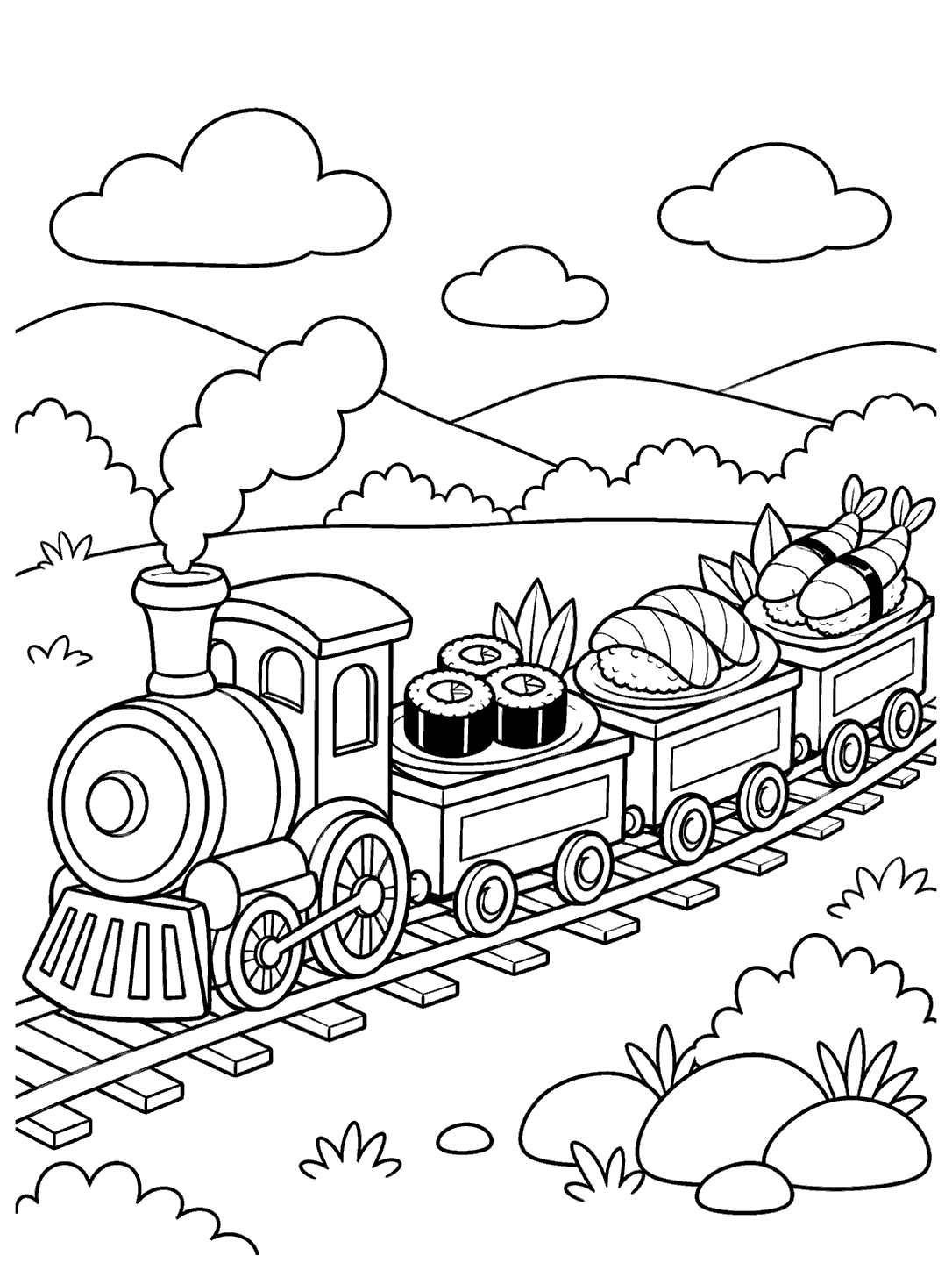 Toy locomotive hauling three cars with plates of sushi through a simple landscape.