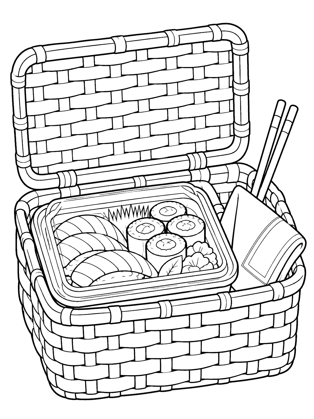 Open woven picnic basket packed with assorted sushi, chopsticks, and a folded napkin