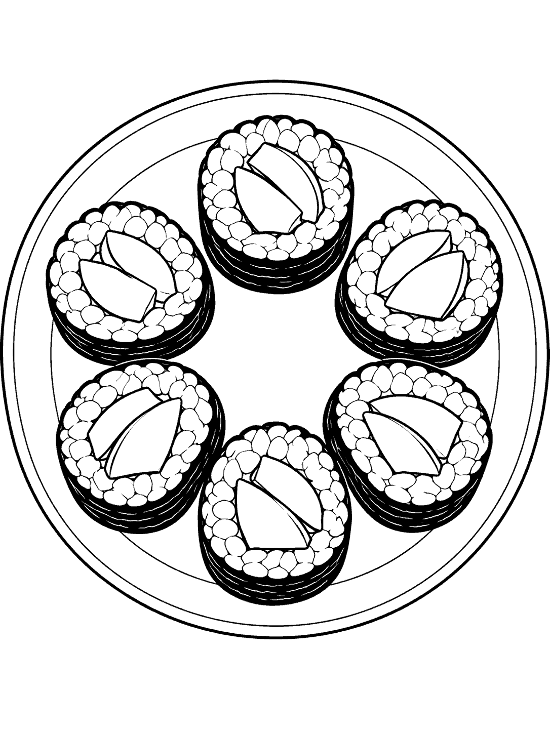 Six avocado maki slices arranged in a circle on a plain plate