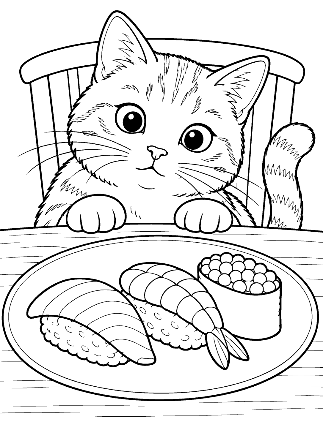 A seated cat with paws on the table looks at a plate holding three sushi pieces.