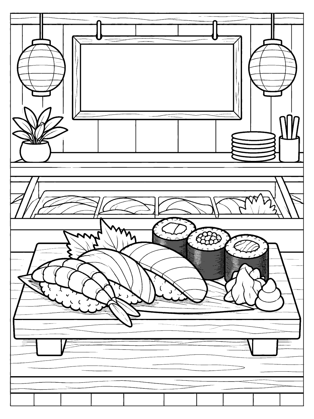 A sushi bar counter with a plate of nigiri and maki, a blank menu board, hanging lanterns, and simple restaurant details.