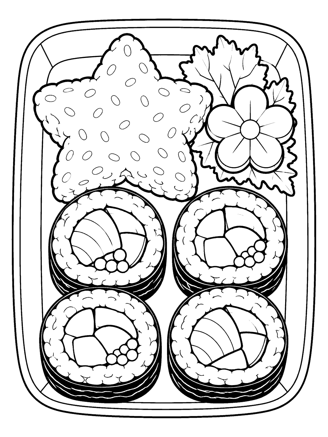 Top-down coloring page of a star-shaped rice portion, four maki slices, and a flower-shaped vegetable garnish in a shallow tray