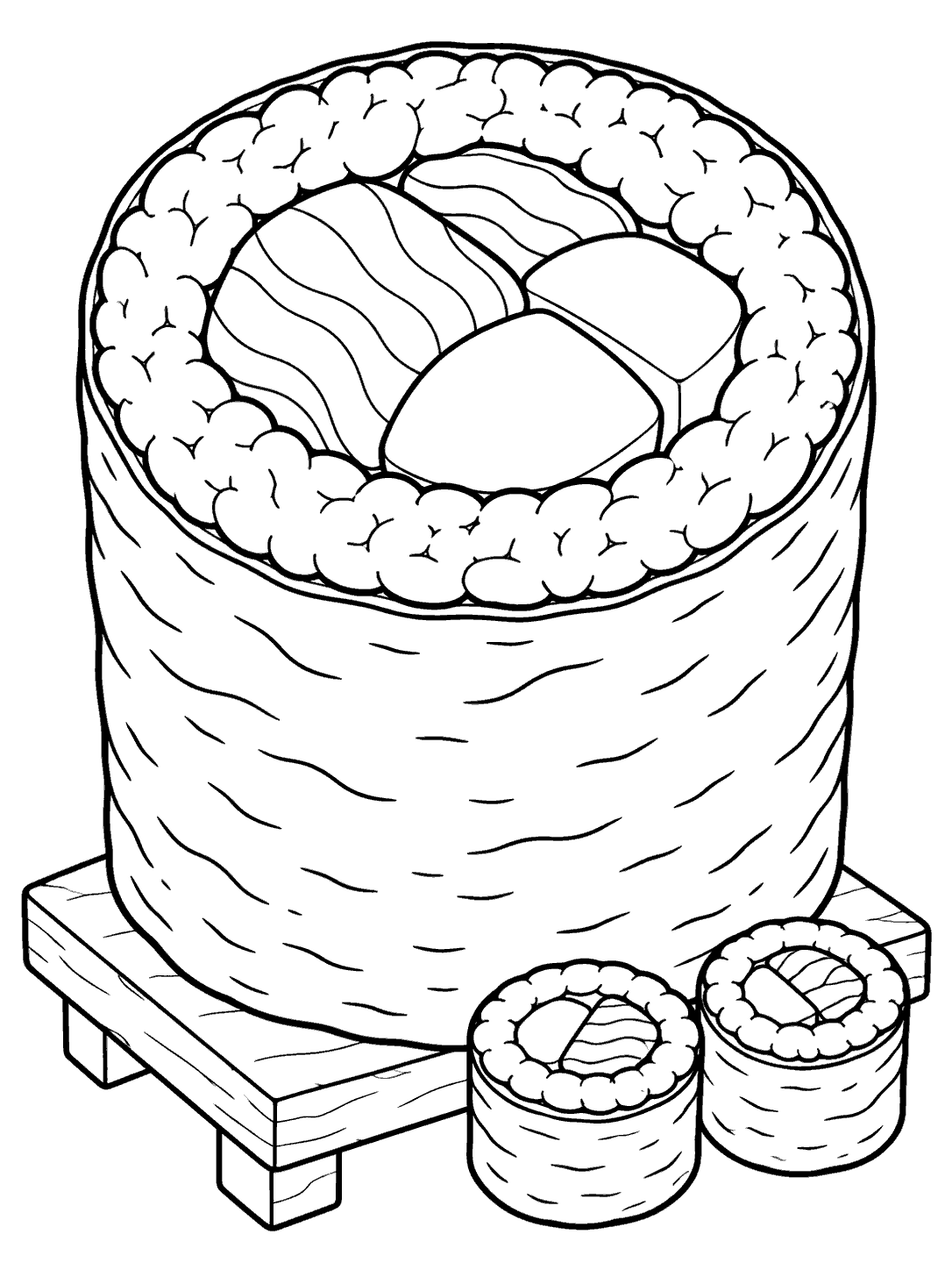 Oversized upright sushi roll with a thick rice band and large fillings, displayed on a low stand beside two small maki slices.