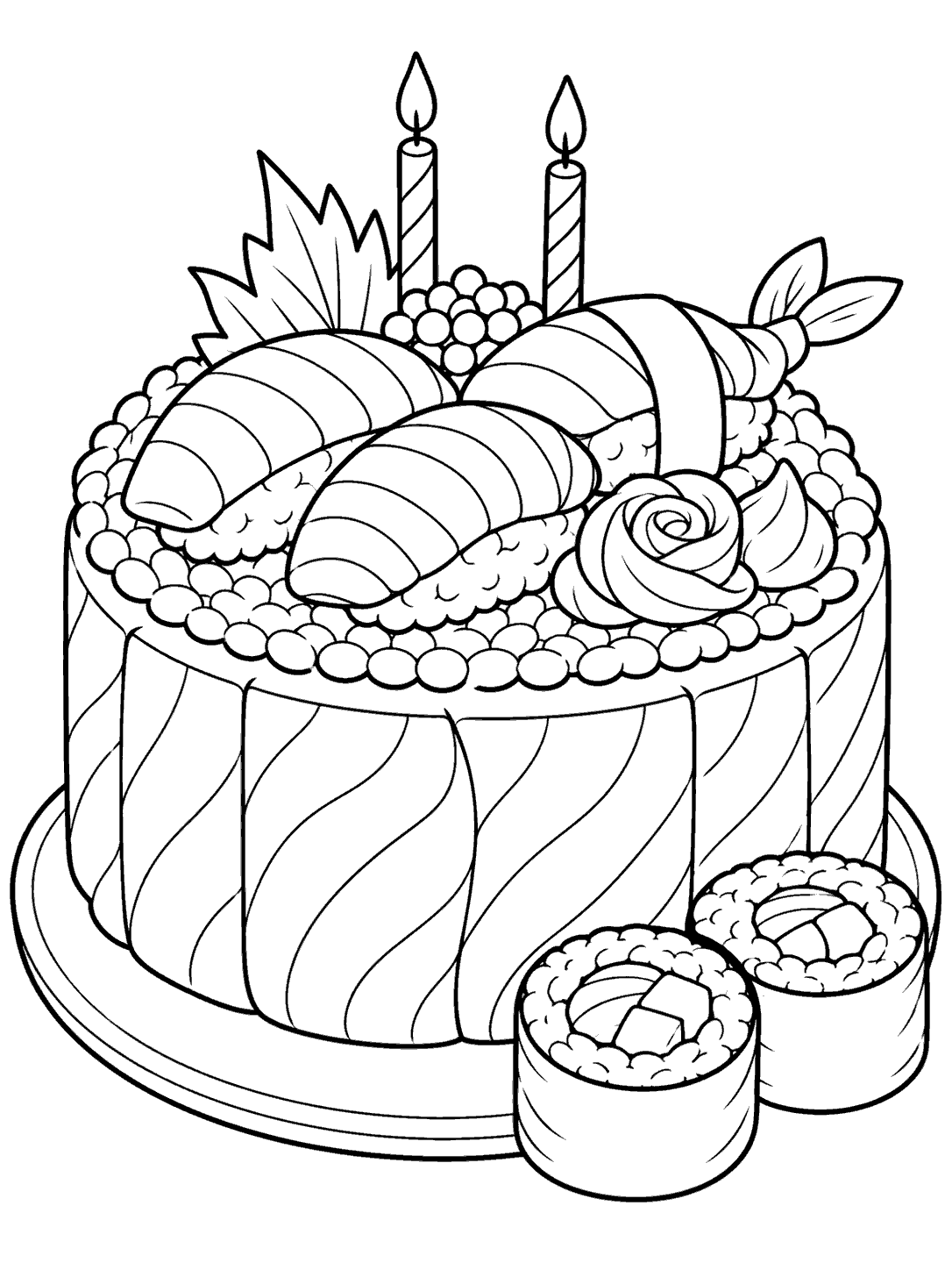 Large celebration cake decorated with nigiri sushi, two candles, and two maki slices on a white background.