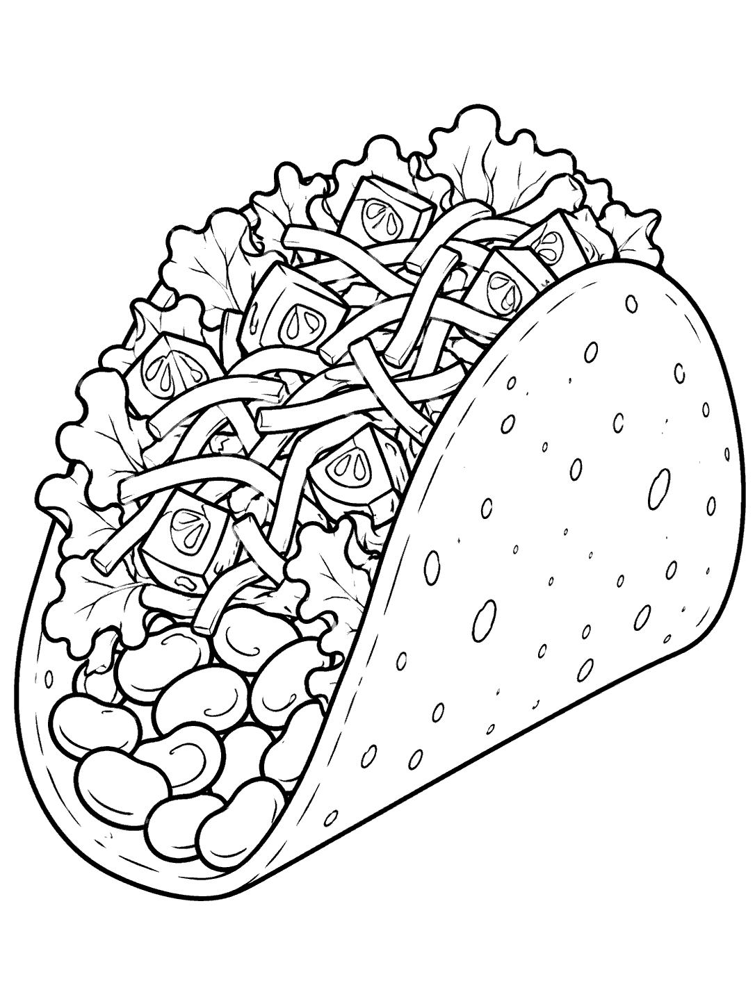 A classic taco filled with lettuce, tomato, cheese, and beans
