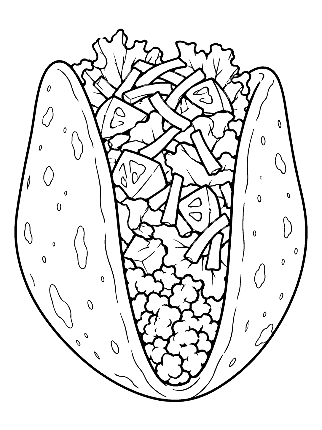 A front-facing soft tortilla taco folded into a U shape, filled with lettuce, diced tomato, and cheese, in black outlines on white.