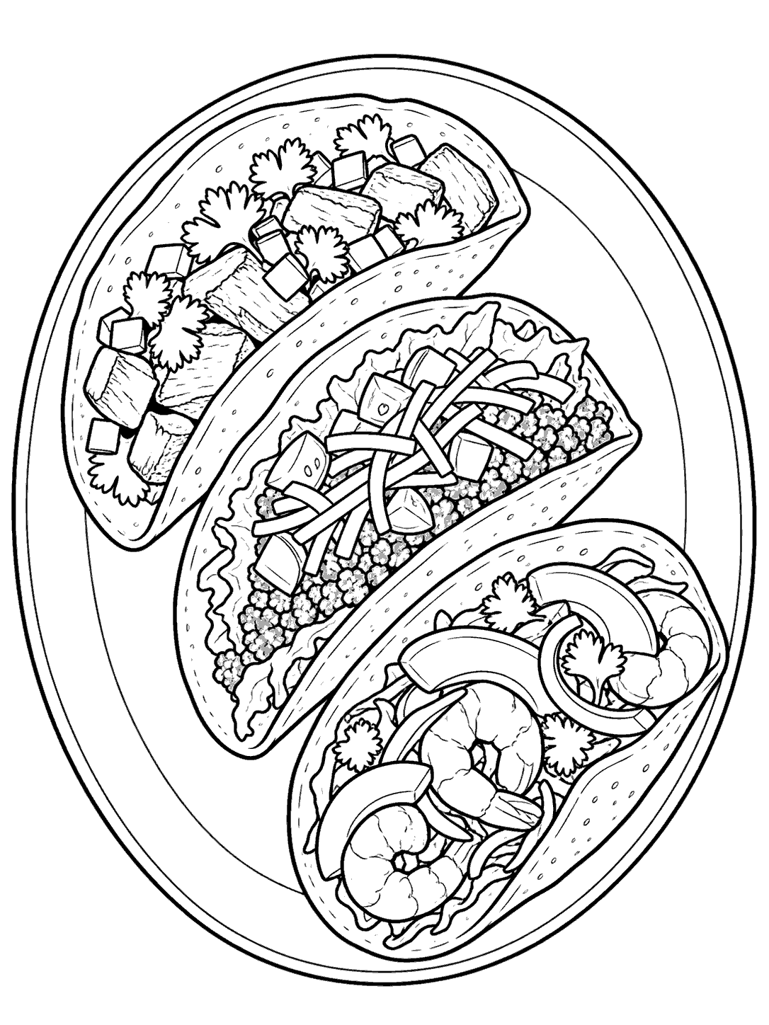 Overhead line-art view of three open tacos with different toppings arranged diagonally on an oval plate.