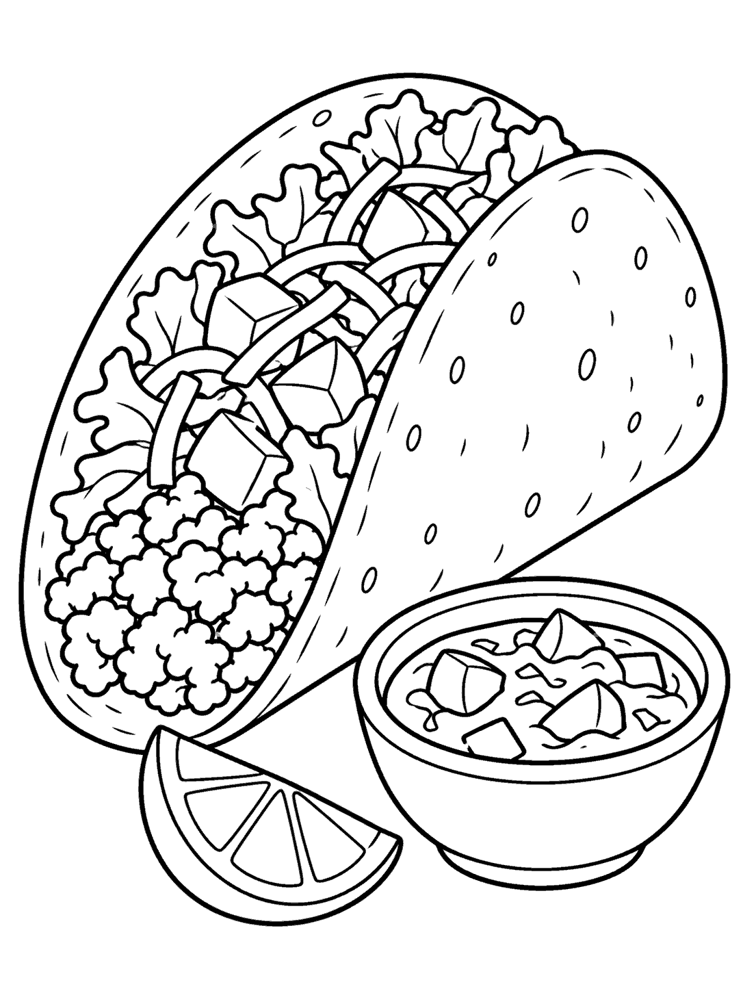 Large taco with chunky filling beside a round salsa bowl and lime wedge