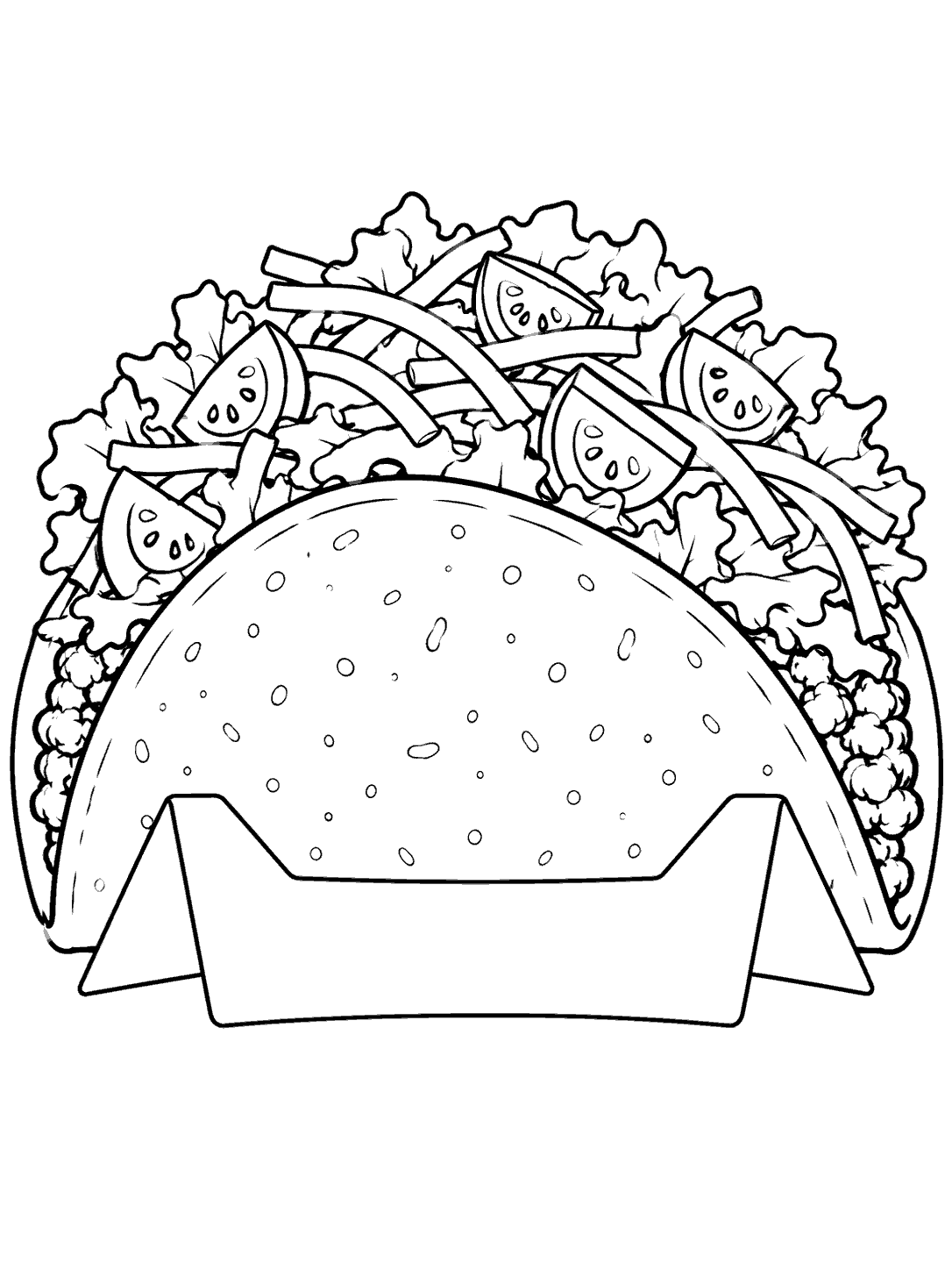A large upright taco filled with lettuce, tomato wedges, and cheese strips in a plain paper holder.