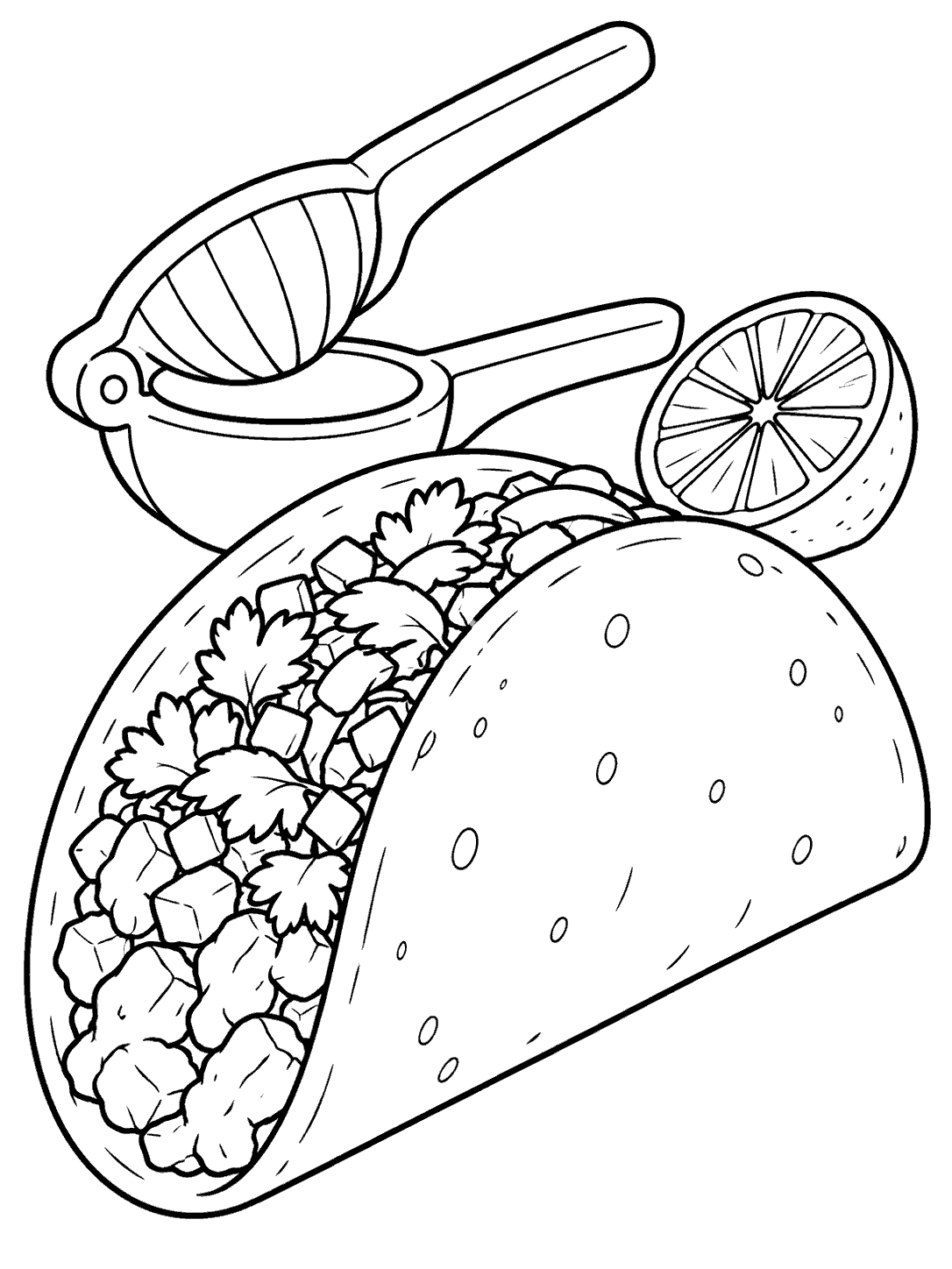 Black-line coloring page showing a filled taco in the foreground, with an open hinged citrus press and half lime behind it.