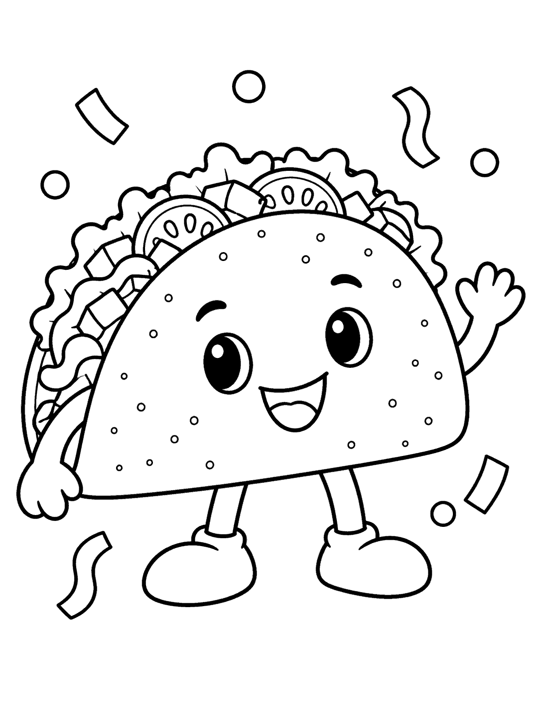 Smiling taco character waving, with a filled shell and simple confetti