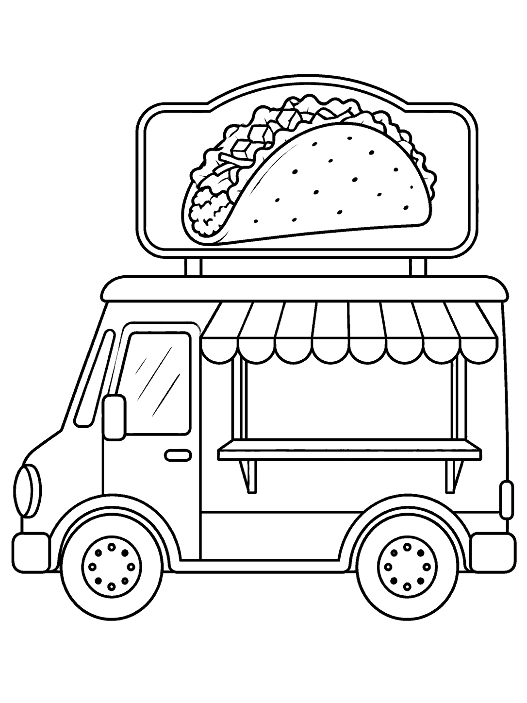 Side-view food truck coloring page with two wheels, a striped awning, and a large taco illustration on the signboard.