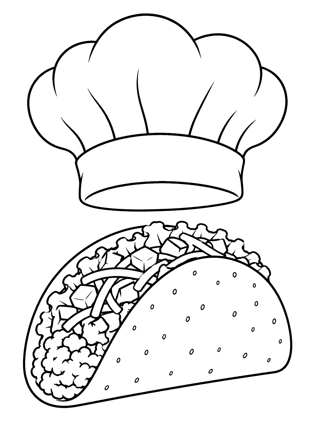 An upright taco with visible toppings beneath a large puffy chef’s hat, drawn in black outlines on white.