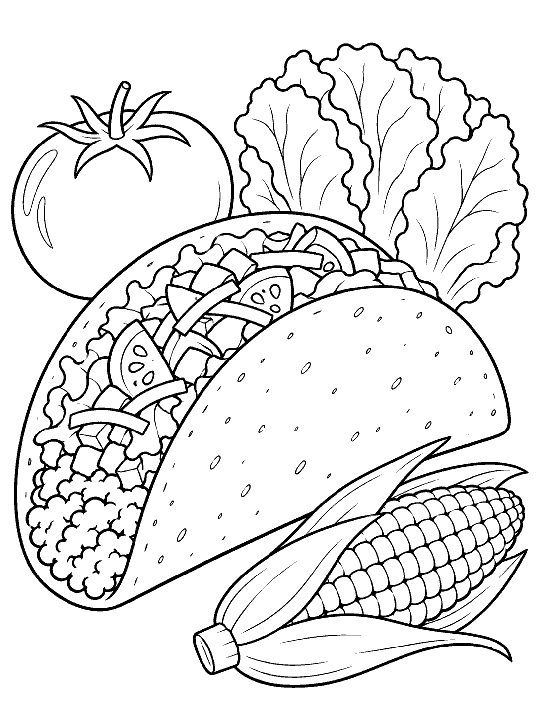 Large taco with a whole tomato, leafy lettuce, and an ear of corn