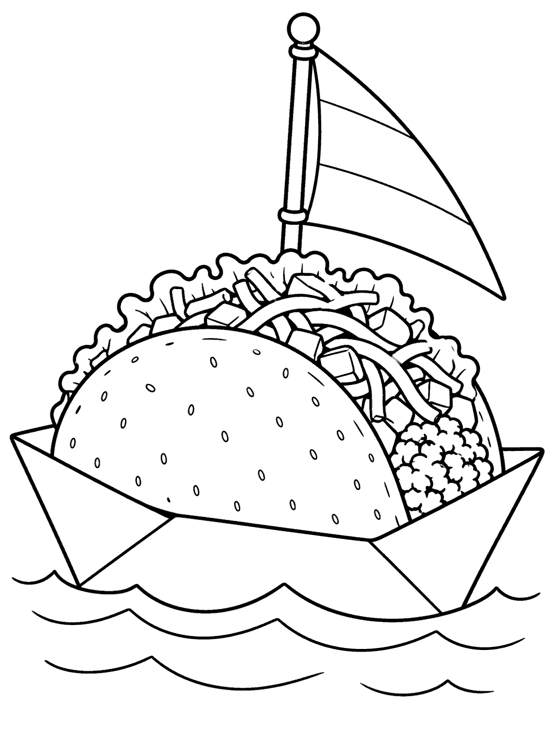 Taco in a paper boat with a sail and a few waves
