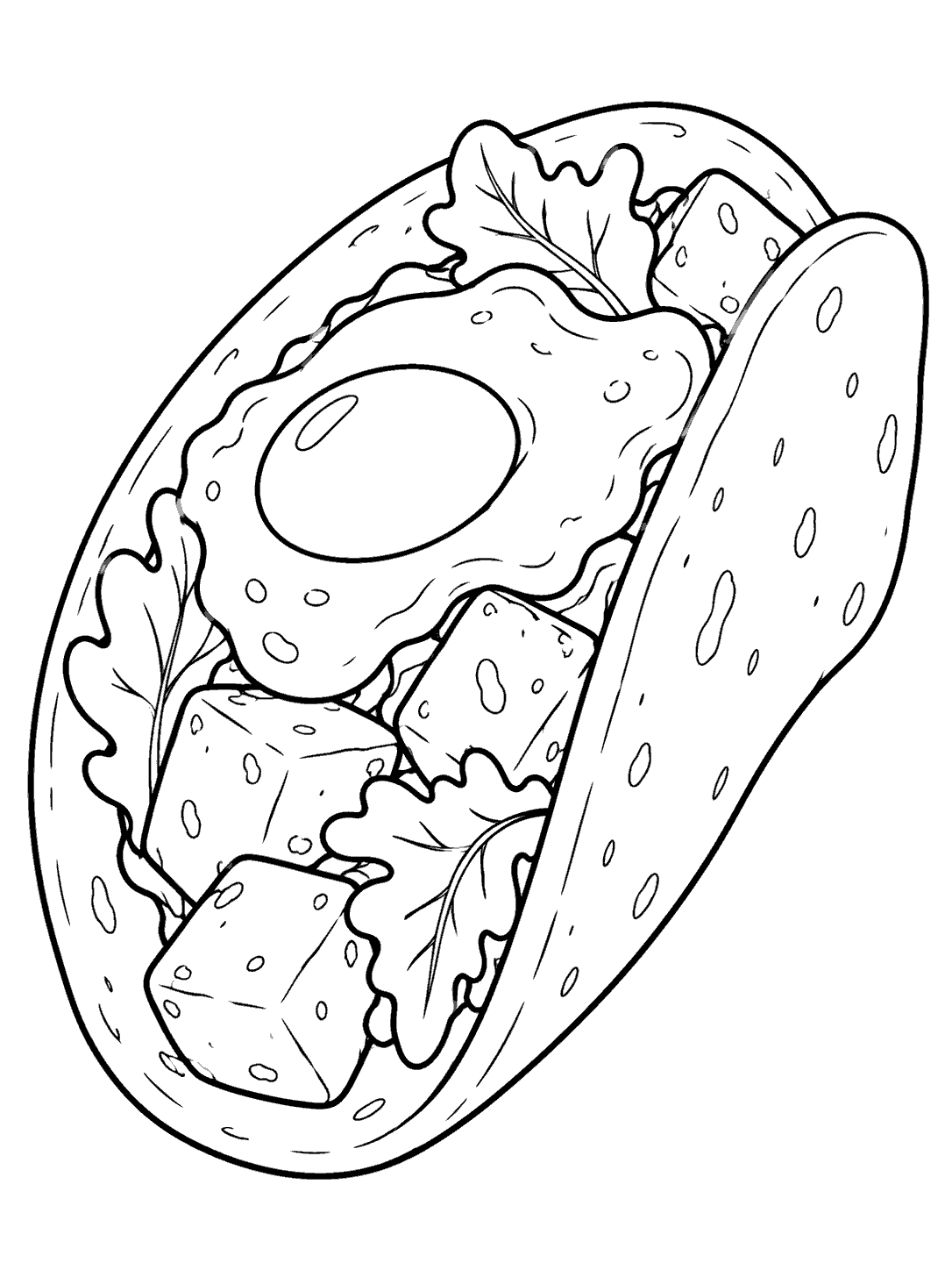Black-outline breakfast taco filled with a fried egg, potato cubes, and leafy greens.