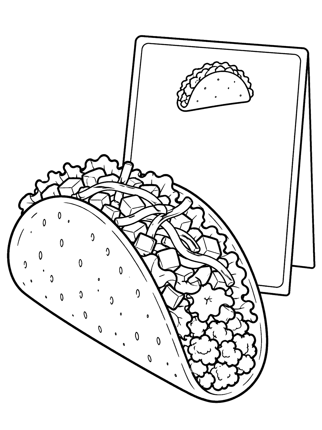 Large black-line taco beside an upright blank recipe card with a small taco illustration