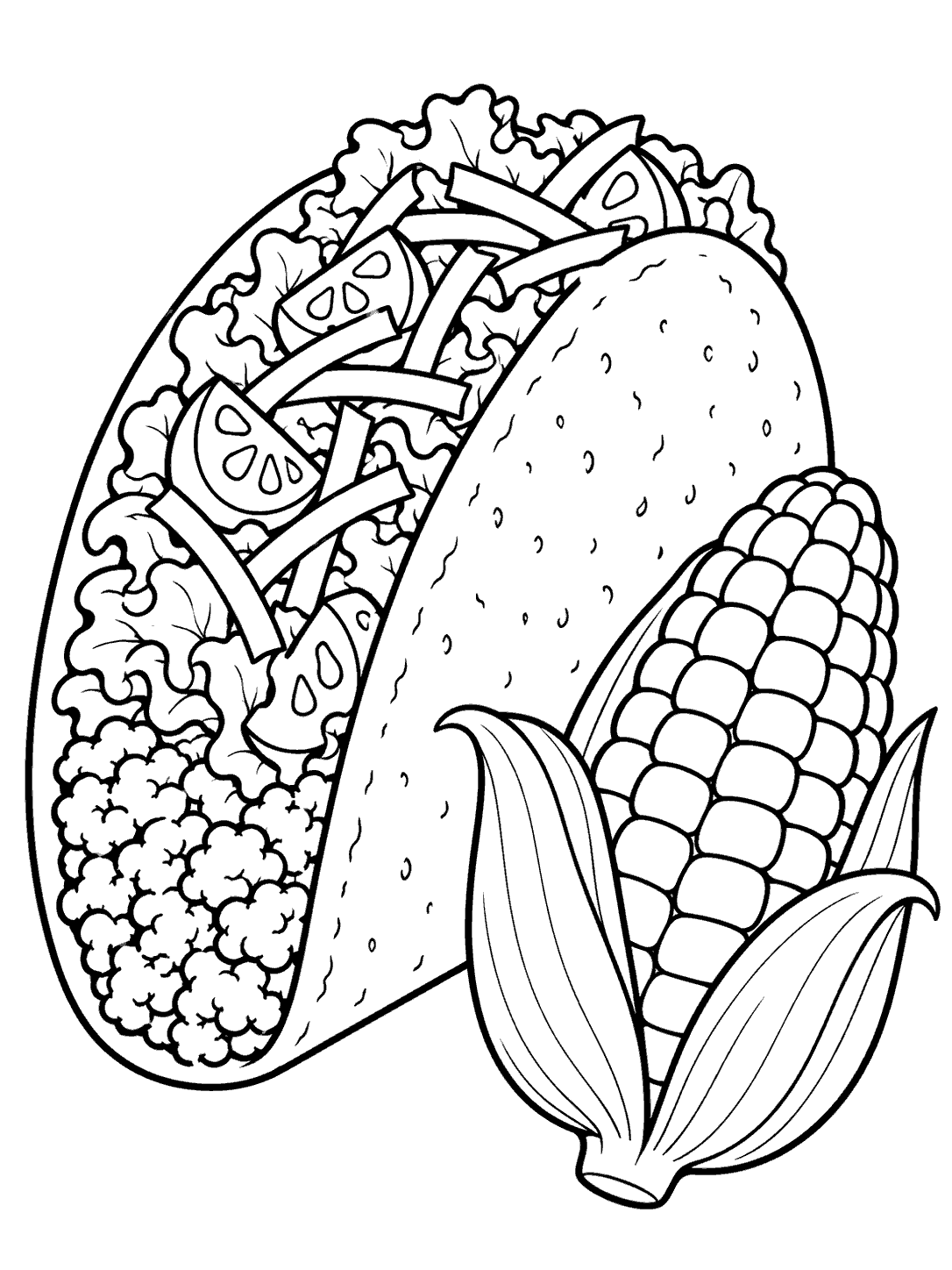 Black-and-white taco with lettuce, tomato, cheese, and an ear of corn coloring page