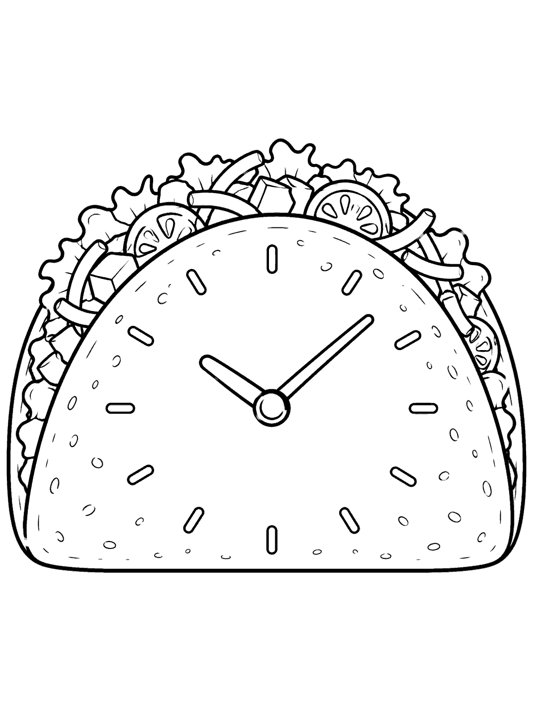 A large taco-shaped wall clock with two hands and simple toppings along its open edge.