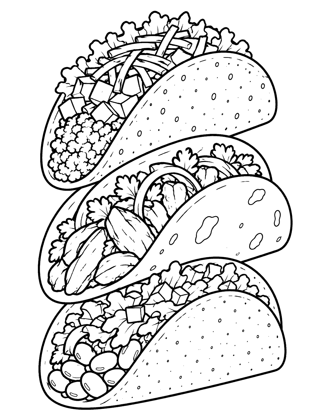 Three outlined tacos with different fillings arranged in a gently leaning vertical stack.