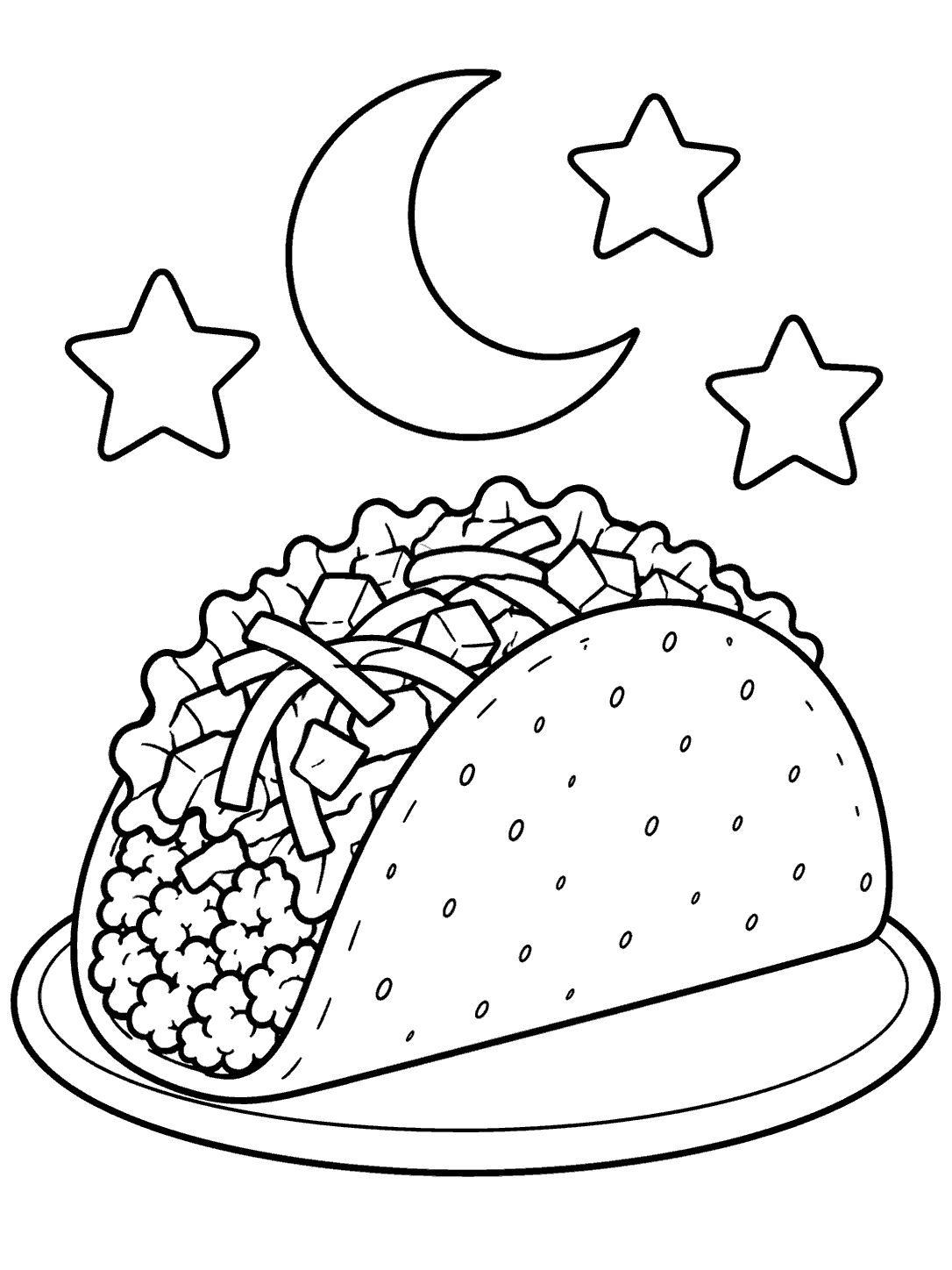 A detailed taco on a small plate beneath a crescent moon and three stars, in black outline on white.