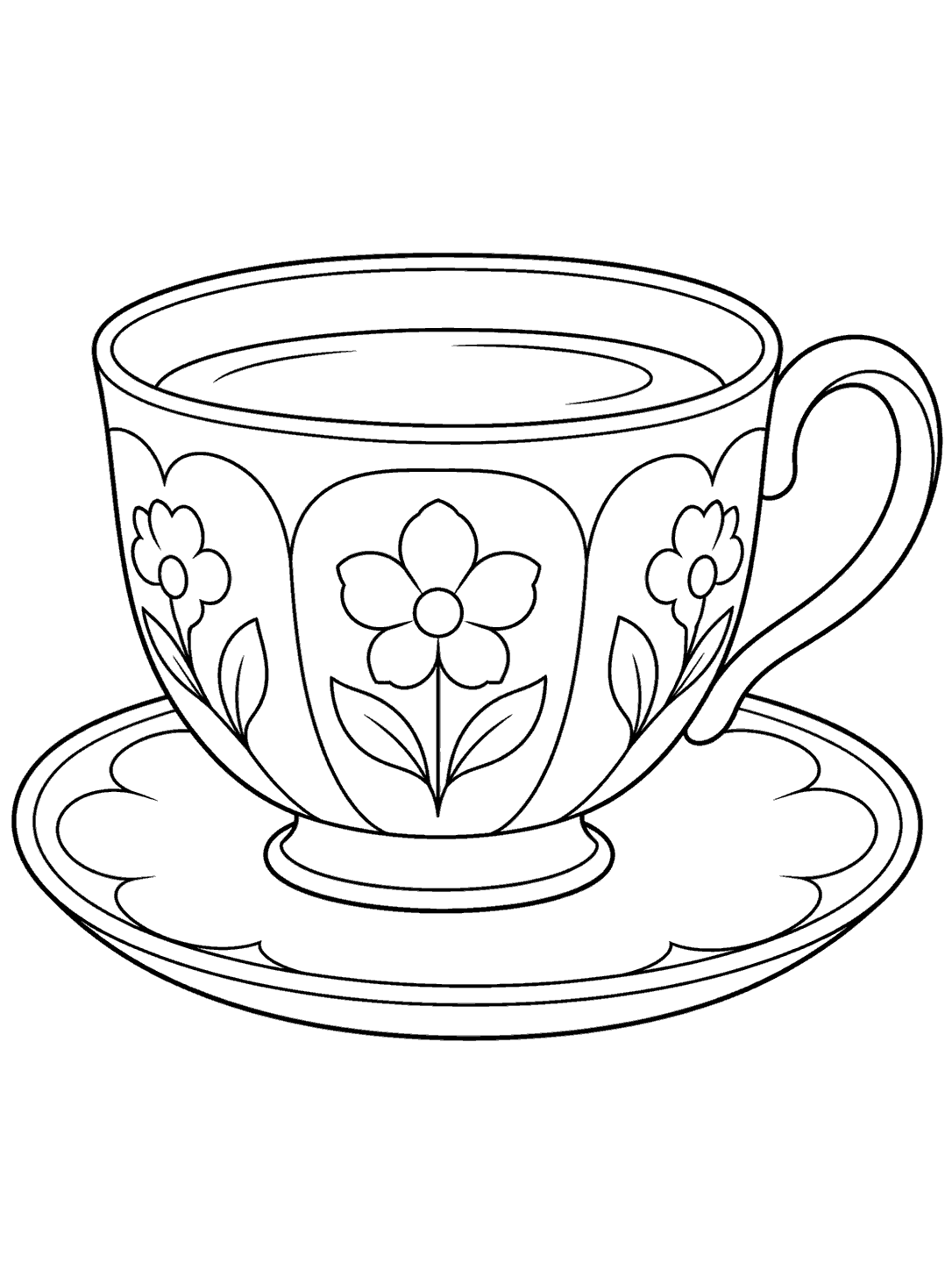 Black-outline coloring page of a floral teacup and saucer on a white background.