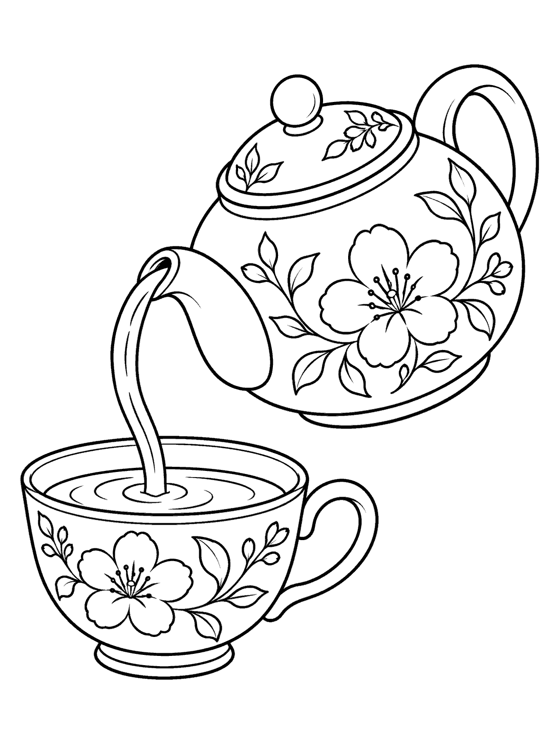Printable black-and-white coloring page showing a floral teapot pouring tea into a matching teacup